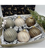 Set of brown,gray and white with glitter lines XMAS glass balls, hand pa... - £42.03 GBP