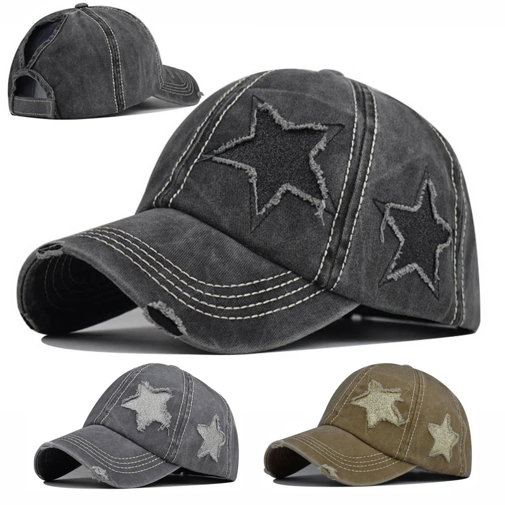 New Y2K Unisex Summer Ponytail Hole Star Baseball Washed Denim Cap Snapback Hats - £11.23 GBP+