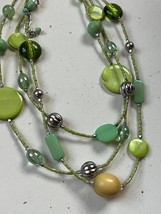 Triple Strand Lime Green Plastic &amp; Grass Green Glass w Silvertone Bead Necklace - £10.29 GBP
