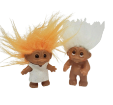 2 VINTAGE 1985 DAM TROLLS ORANGE + WHITE COLOR HAIR 1 OUTFIT TROLL SMALL... - $23.75