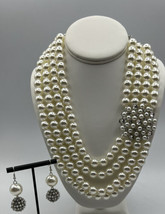 Jewelry Necklace Wedding 4 Strand Luster Faux Pearls Side Pendant Drop Earrings - £25.67 GBP