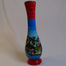 Mexican Hand Painted Folk Art Vase 14&quot; Bright Red Blue &amp; Green Colorful Mexico - £12.68 GBP