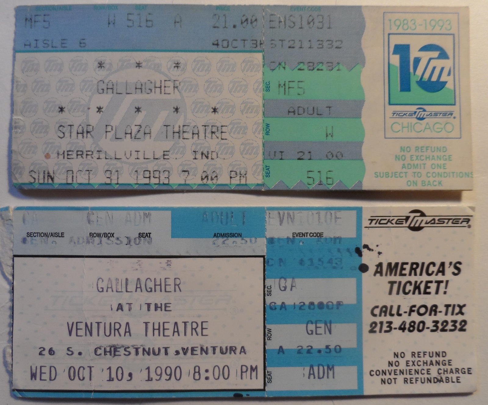 Gallagher 2 Collectible Ticket Stubs 1993 Indiana &amp; 1990 Ventura Comedy ... - $6.95