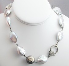 Artisan Silver Gray South Sea Baroque Pearl Necklace Pave Polki Natural ... - $325.00