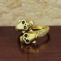 Skull Ring Golden Dual Skulls Adjustable Adjusts Sz 7 - Sz 13 Unisex Jewelry