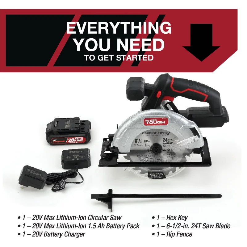 Hyper Tough 20V Max Lithium Ion Cordless Circular Saw with 1.5Ah Lithium-ion Bat - £124.41 GBP