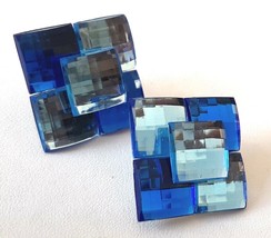 Multi-Faceted Blue Square Rhinestone CLIP EARRINGS Disco Ball Reflection 1 1/4&quot; - £11.82 GBP