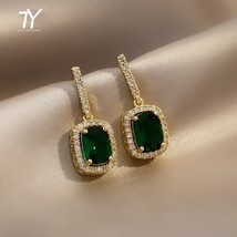 Luxury Exquisite Geometric Green Crystal Pendant Earrings For Woman Korean Fashi - £10.27 GBP