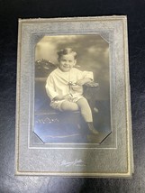 Vintage Smiling Boy Found Photo black &amp; white Illinois Studio Folder Stand - £7.07 GBP