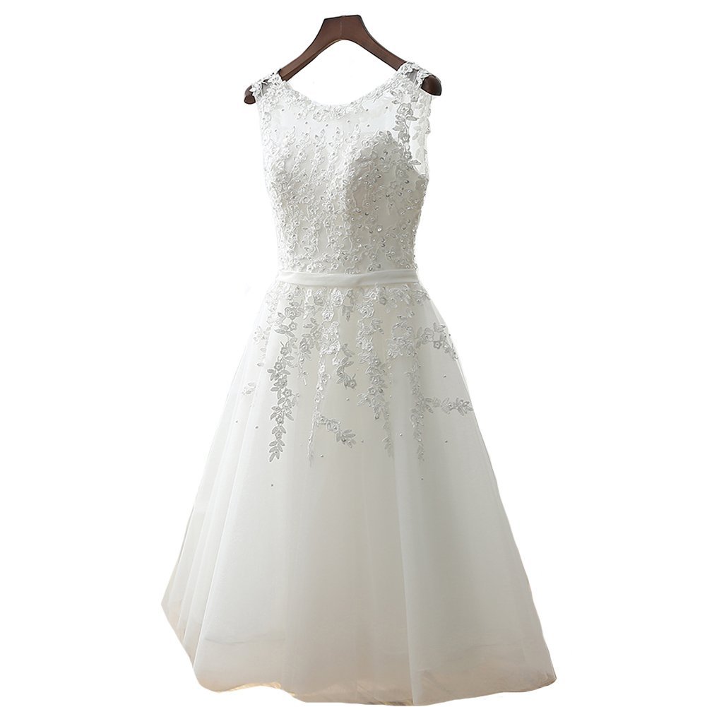 Kivary Tulle Sheer Bateau Lace Corset Tea Length Prom Homecoming Dresses Ivory U