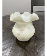 Fenton Hand Painted Leaves Satin White Pale Blue Ruffled Vase Signed D Hill - $730.26 MXN