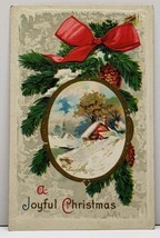 Joyful Christmas Snow Scene Gilded Frame with Pine Cones Embossed Postca... - $3.95
