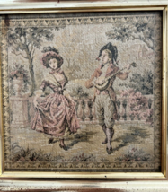 Antique Framed Woven Tapestry Courting Couple Lady Dancing Beau Playing Mandolin - £18.97 GBP