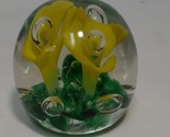 Vintage MCM Art Glass Hand Blown Yellow Flowers Controlled Bubbles Paper... - $38.80