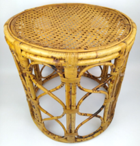 1960s Burnt Bamboo &amp; Cane 20&quot; Round Drum Side Table Plant Boho Tiki MCM ... - £155.69 GBP