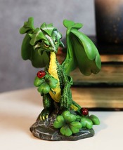 Colorful Green Irish Lucky Clover Dragon With Ladybugs Statue Fairy Garden Decor - £20.77 GBP