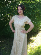 Ivory Lace Gown Full Dress Wedding Bridal Formal Cocktail 50s Vintage L XL 38 32 - £67.35 GBP