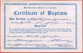 Certificate Of Baptism Presbyterian Church Of Canada 1960 - $2.96