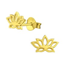 Lotus Flower 925 Sterling Silver Stud Earrings Gold Plated - £11.95 GBP