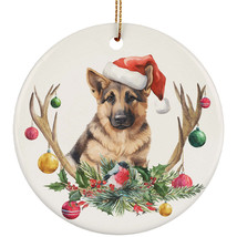 Cute German Shepherd Dog Santa Hat Deer Antlers Flower Xmas Ornament Ceramic - £11.80 GBP