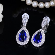 Fashion Women White Gold Color Dangle Drop CZ Royal Blue Crystal Paved No Pierce - £16.18 GBP