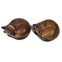 Vintage Two (2) Wood Sleeping Curled Up Cat Figurines 3&quot; x 4&quot; Red Collar  - £14.73 GBP