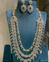 Estilo Bollywood Indio Chapado en Oro Cadena Cz Collar Haram Emerald Joyería Set - £216.70 GBP