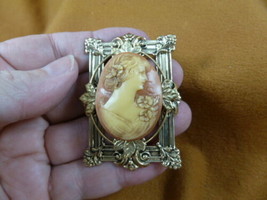 (CM19-47) Sweet LADY ivory + orange oval CAMEO brass PIN Pendant Brooch jewelry - £25.63 GBP