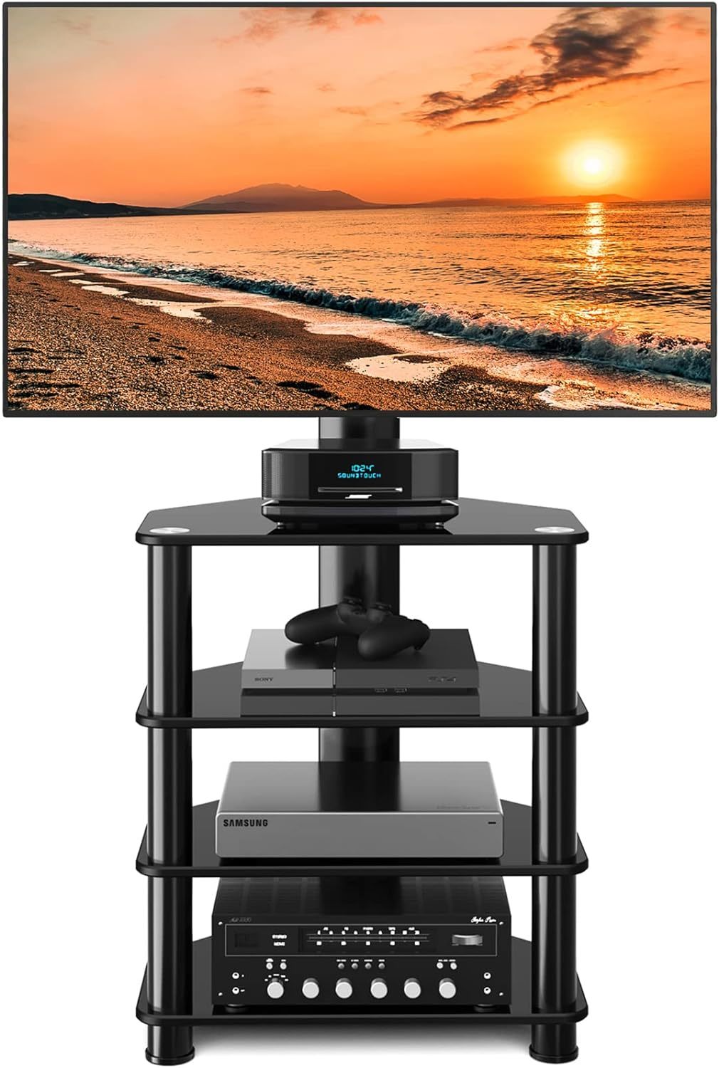 Primary image for Black Floor Tv Stand For 32-70 Inch Lcd Led Oled Flat/Curved Screen Tvs, 4-Tiers