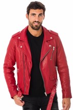 RED Men&#39;s Leather Jacket Stylish Real Lambskin Handmade Casual Biker Motorcycle - £85.50 GBP