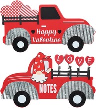 DECSPAS Valentines Day Decorations, 2 PCS Red Truck Wood Block Set Valentines - £12.31 GBP