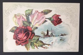 Victorian Red and Pink Roses Embossed Snow Scene Card Blank on Back PC Size - £5.49 GBP
