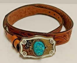Tony Lama Hand Tooled Kids Western Leather Belt Small 30&quot; Faux Turquoise Buckle - £24.25 GBP