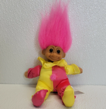 Vintage Russ Berrie Troll Pink Yellow Clown Jester Plush Doll Pink Hair - $6.55