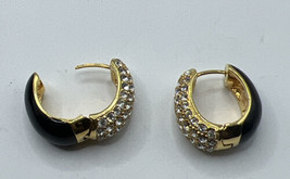 Vintage Joan Rivers Black Enamel Gold Tone Rhinestone Pierced Earrings - £22.70 GBP