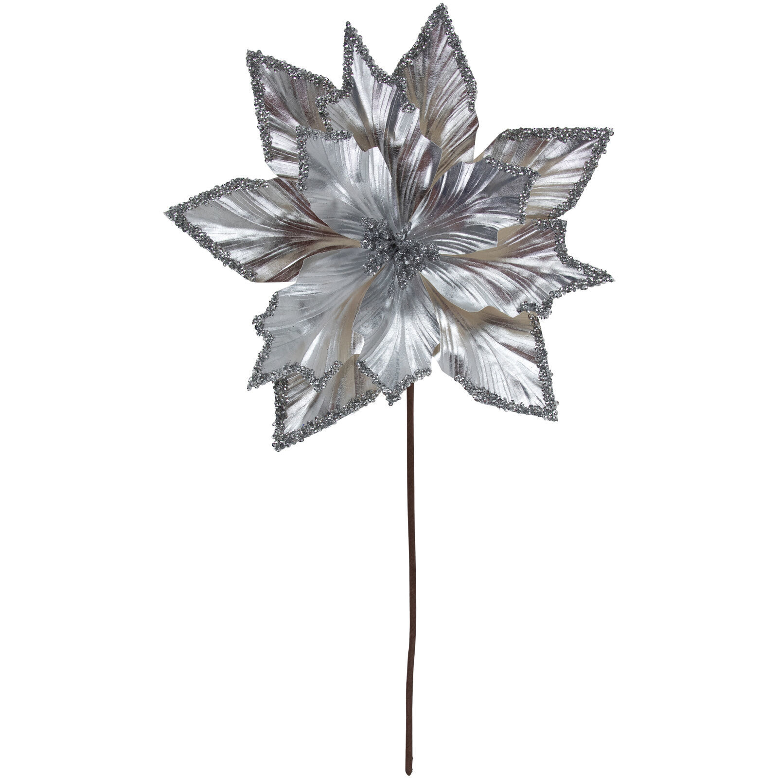 US Seller 24&quot; Metallic Silver Poinsettia Christmas Stem Spray Fast Shipping - $26.98
