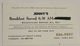 Jenny&#39;s Restaurant Vintage Business Card Tucson Arizona Golden Plate bc4 - $4.94