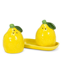 Lemon Salt Pepper Shakers on Tray Ceramic 5" Long Yellow Realistic Bright Gift image 2