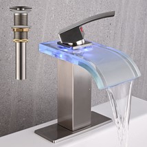 Avsiile Led Bathroom Sink Faucet, Brushed Nickel Waterfall, Wide Glass Spout - £72.73 GBP