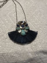 Vintage Necklace with Tassel and Multi Blue Tone Stones Pendant Silver Tone - $19.75