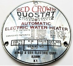Vtg Red Crown Duostat Badge Automatic Electric Water Heater 5 Gal Albany NY &#39;31 - £39.95 GBP