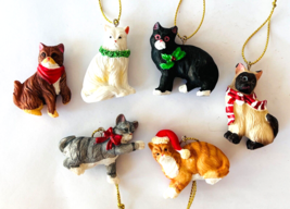 Christmas Cats  6 Miniature Christmas Ornament Cats Resin About 1.25&quot; Tall - £15.35 GBP