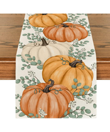 Orange Pumpkins Eucalyptus Leaves Fall Table Runner, Autumn Thanksgiving... - $19.68 CAD