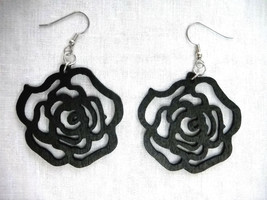 Floral Black Cut Out Rose Flower Silhouette Wooden Dangling Flowers Earrings - £9.64 GBP