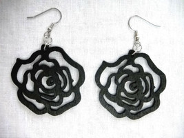 Floral Black Cut Out Rose Flower Silhouette Wooden Dangling Flowers Earrings - £7.98 GBP