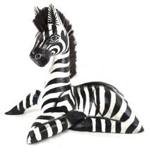 Hand Carved Wooden African Safari Baby Zebra Statue Laying Down - $29.64