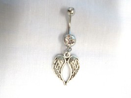 Angel Wings Heart Shape Silver Alloy Charm On 14G Clear Cz Belly Ring Barbell - £4.67 GBP
