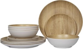 12 Piece Dinnerware Set For 4 Plates Dishes Salad Bowls Melamine Wood Gr... - $69.95