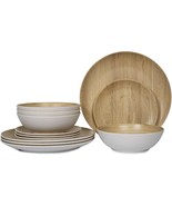 12 Piece Dinnerware Set For 4 Plates Dishes Salad Bowls Melamine Wood Gr... - £55.84 GBP