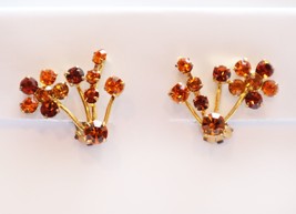 Vintage Austrian Crystal Rhinestone Clip On Earrings Amber Colors Gold Tone - £15.57 GBP
